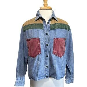 Vintage 80s Stefano Color-Block Western Denim Cropped Shirt Women's M